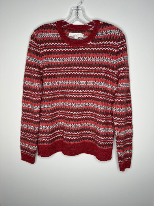 LOFT Size M Red Patterned Crew Neck Sweater, EUC