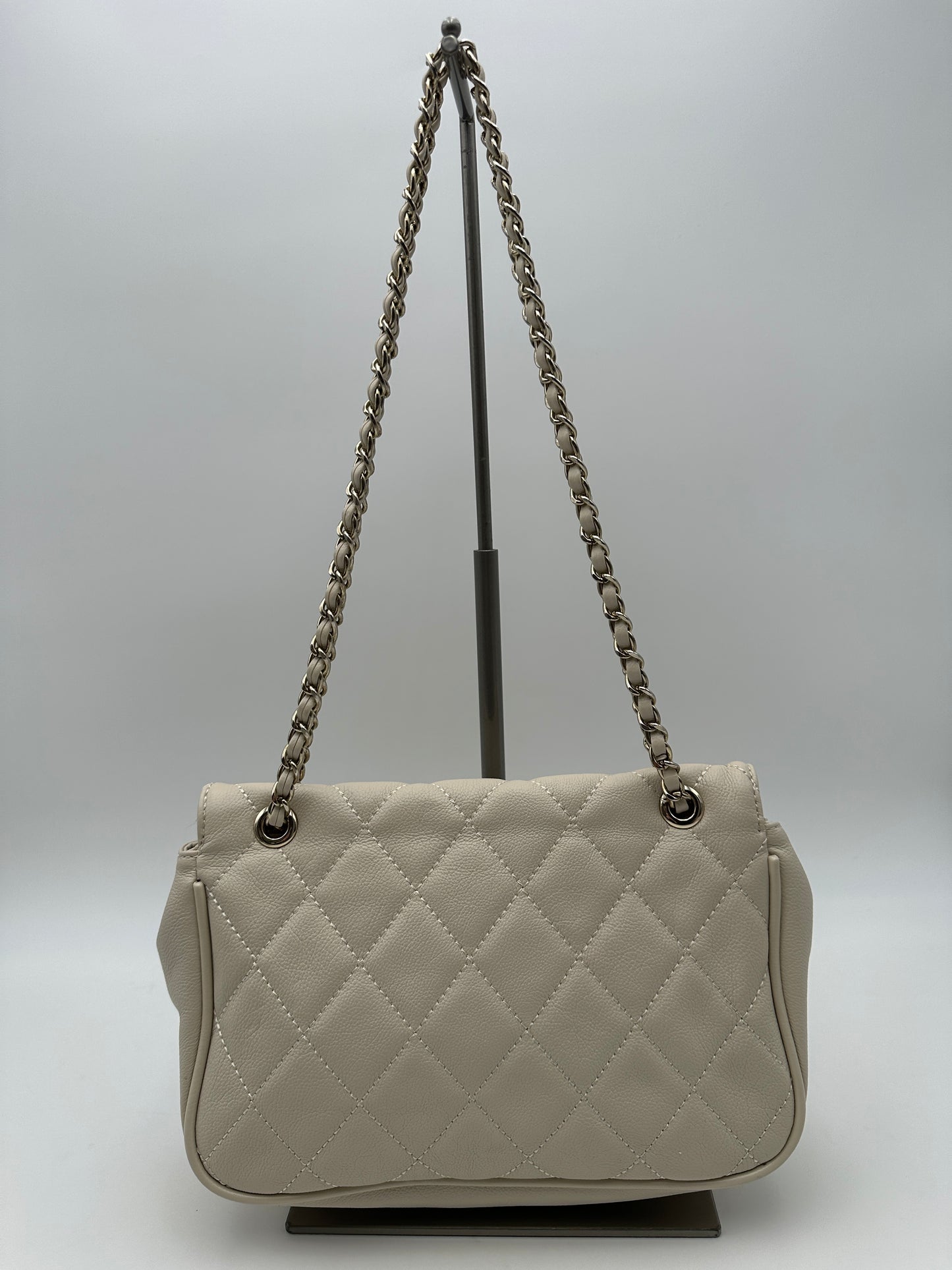 Aldo Off White Quilted Handbag Purse with Fold Over Flap and Chain Handle Strap