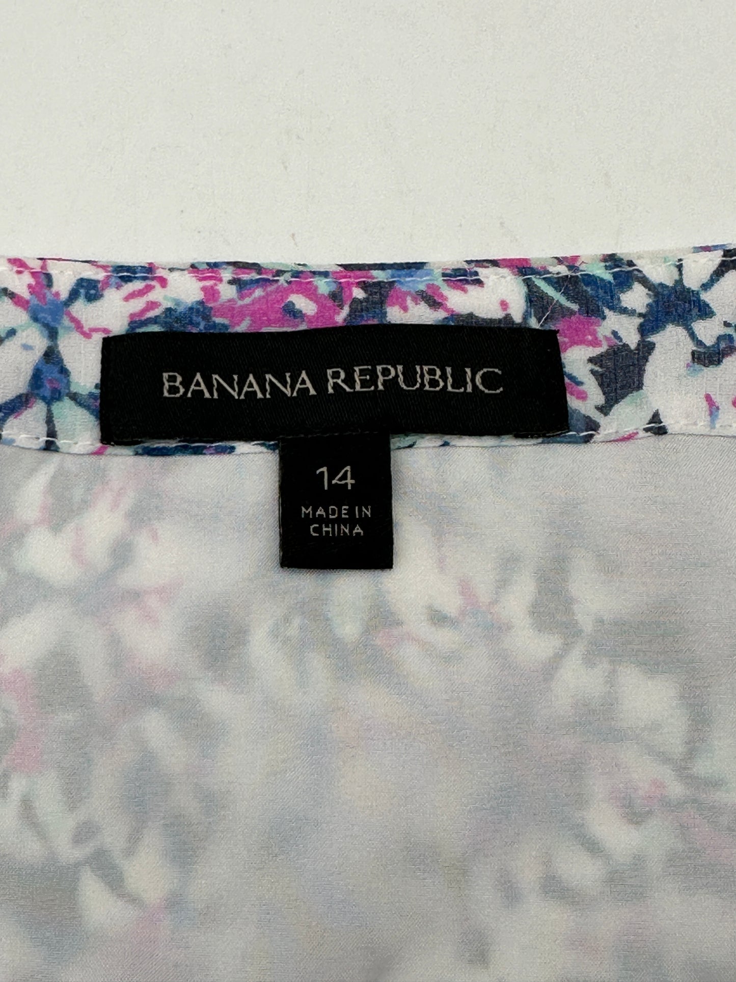 Banana Republic Size 14 White with Navy Blue & Pink V-Neck Wrap Style Sleeveless Dress