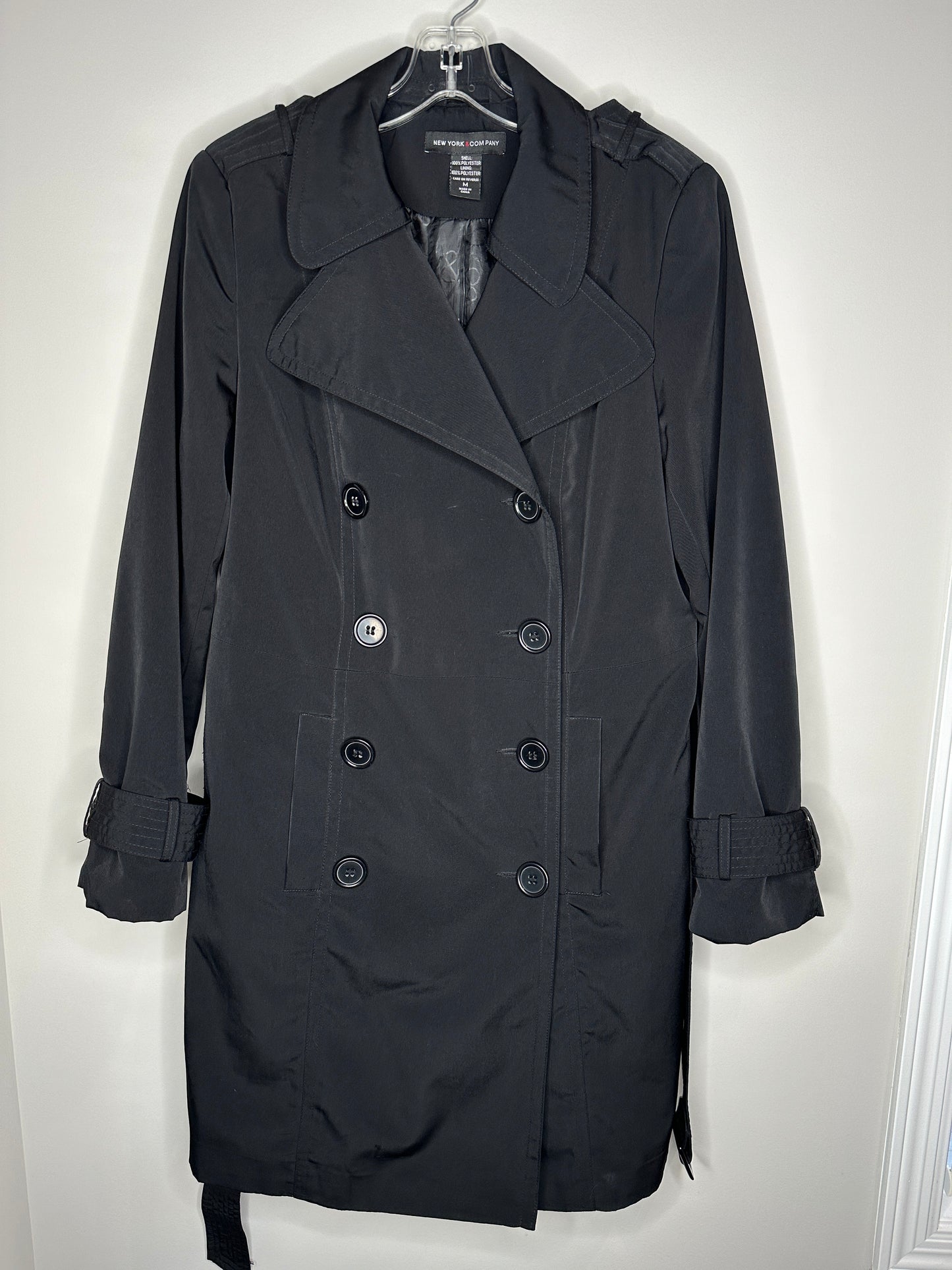 New York & Company Size M Black Belted Button Front Trench Coat