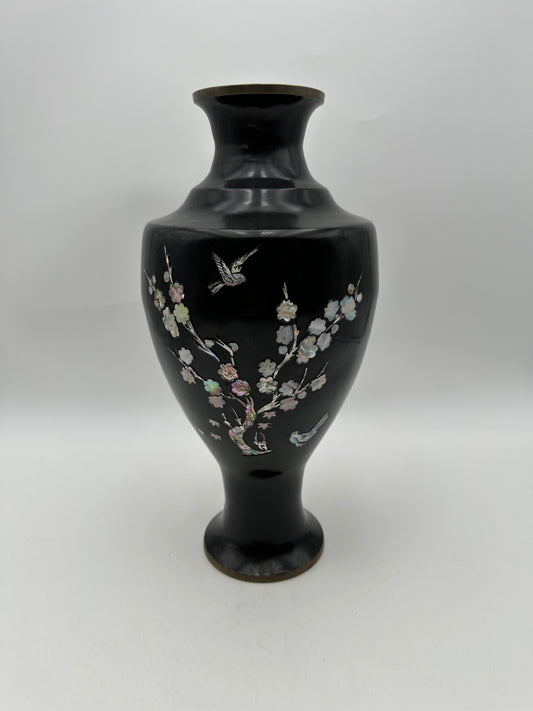 Black Metal Vintage Vase with Inlaid Mother of Pearl Opalescent Bird and Flowers