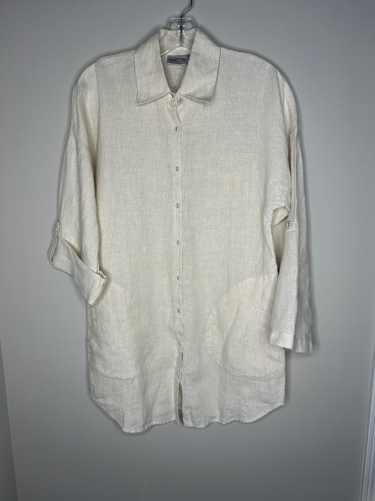 Chico’s Size 0 (4-S) Beige & White Striped Linen Button-Up Tunic