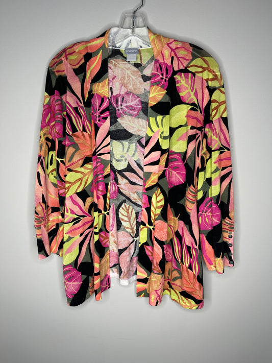 Chico's Size 3 (XL) Bright Floral Tropical Palm Leaves Open Front Cardigan Sweater