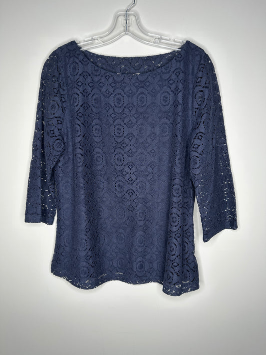 Banana Republic Size 12 Navy Blue 3/4 Sleeve Crochet Lace Top