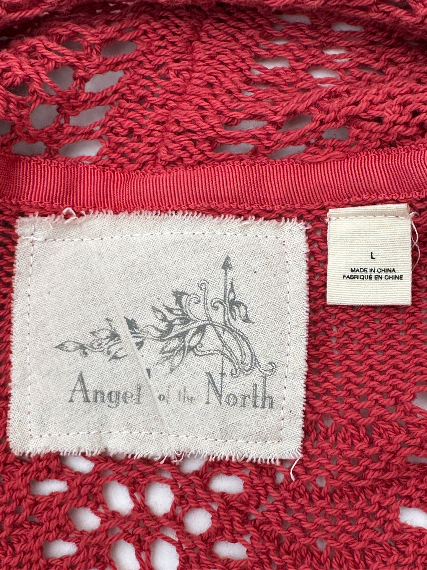 Angel of the North Size L Dark Coral Salmon Open-Knit Long Cardigan Sweater