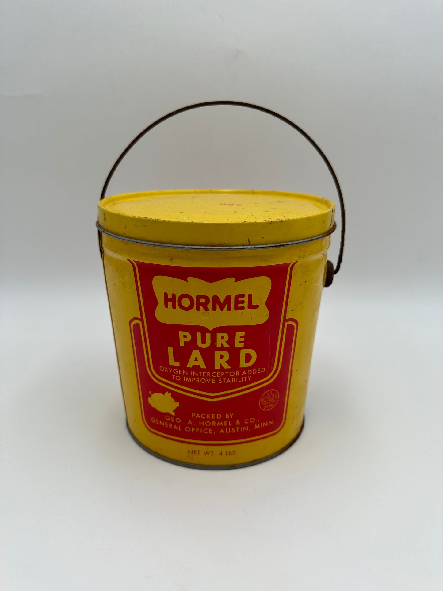 Hormel Vintage Yellow and Red Vintage 4 lb Lard Can with Handle Bail