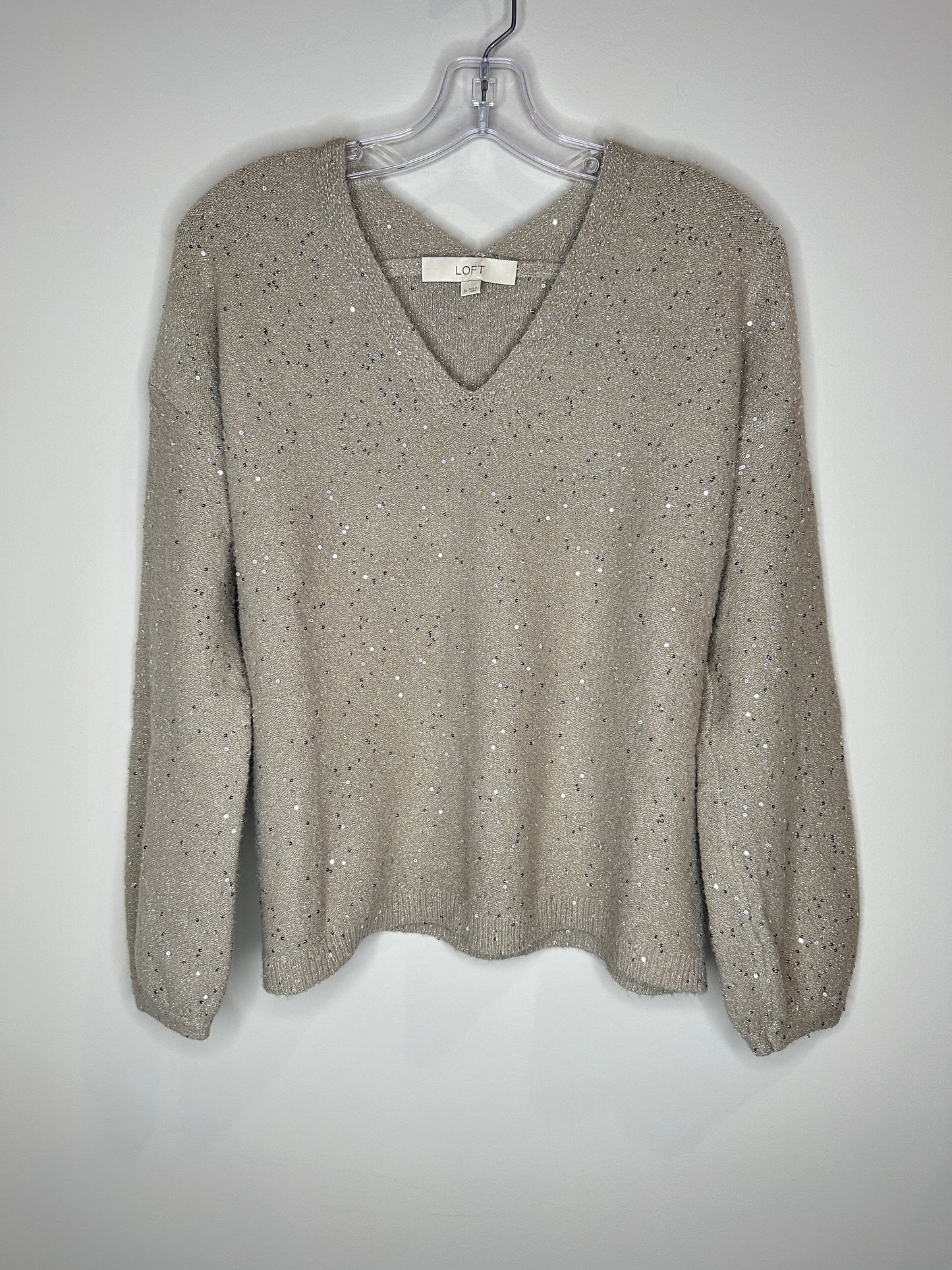 LOFT Size M Taupe V-Neck Sequined Sweater