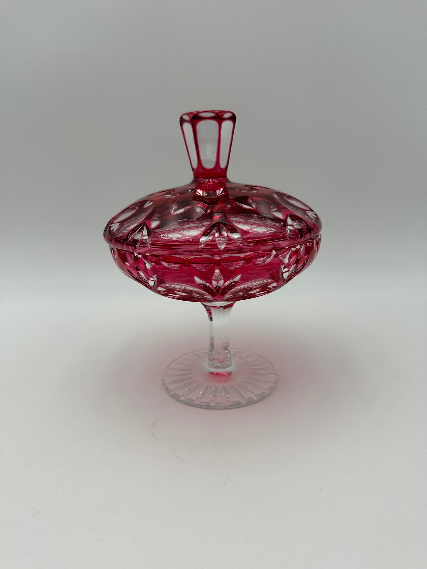 Nachtmann Bamberg Ruby Red Cut Glass Compote Cranberry Cut to Clear Covered Dish