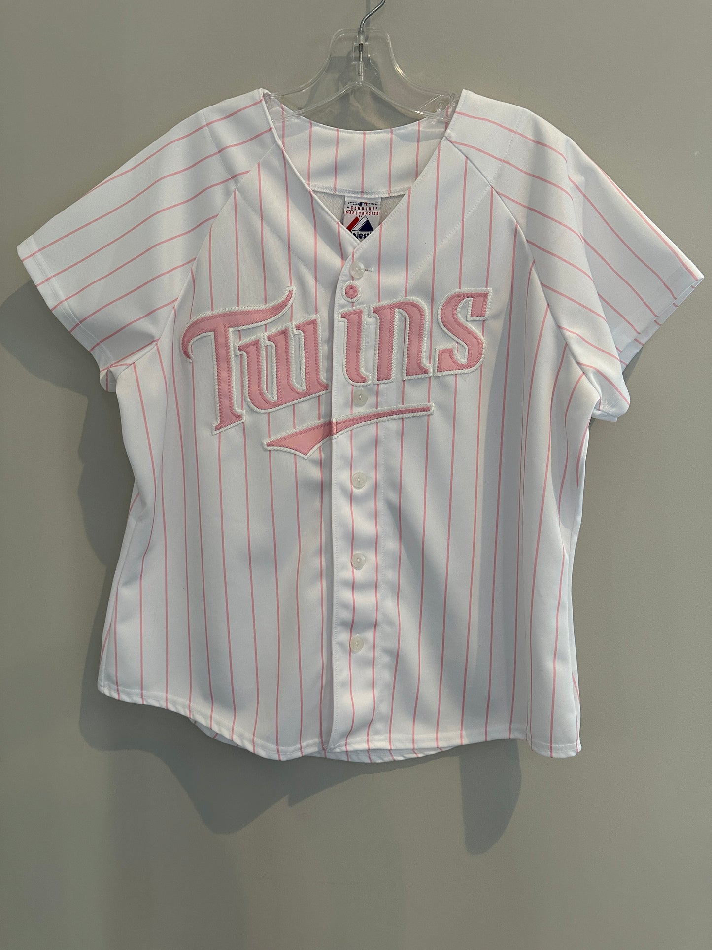 Majestic Size XL White with Pink Pinstripes Button-Up Minnesota Twins Baseball Jersey