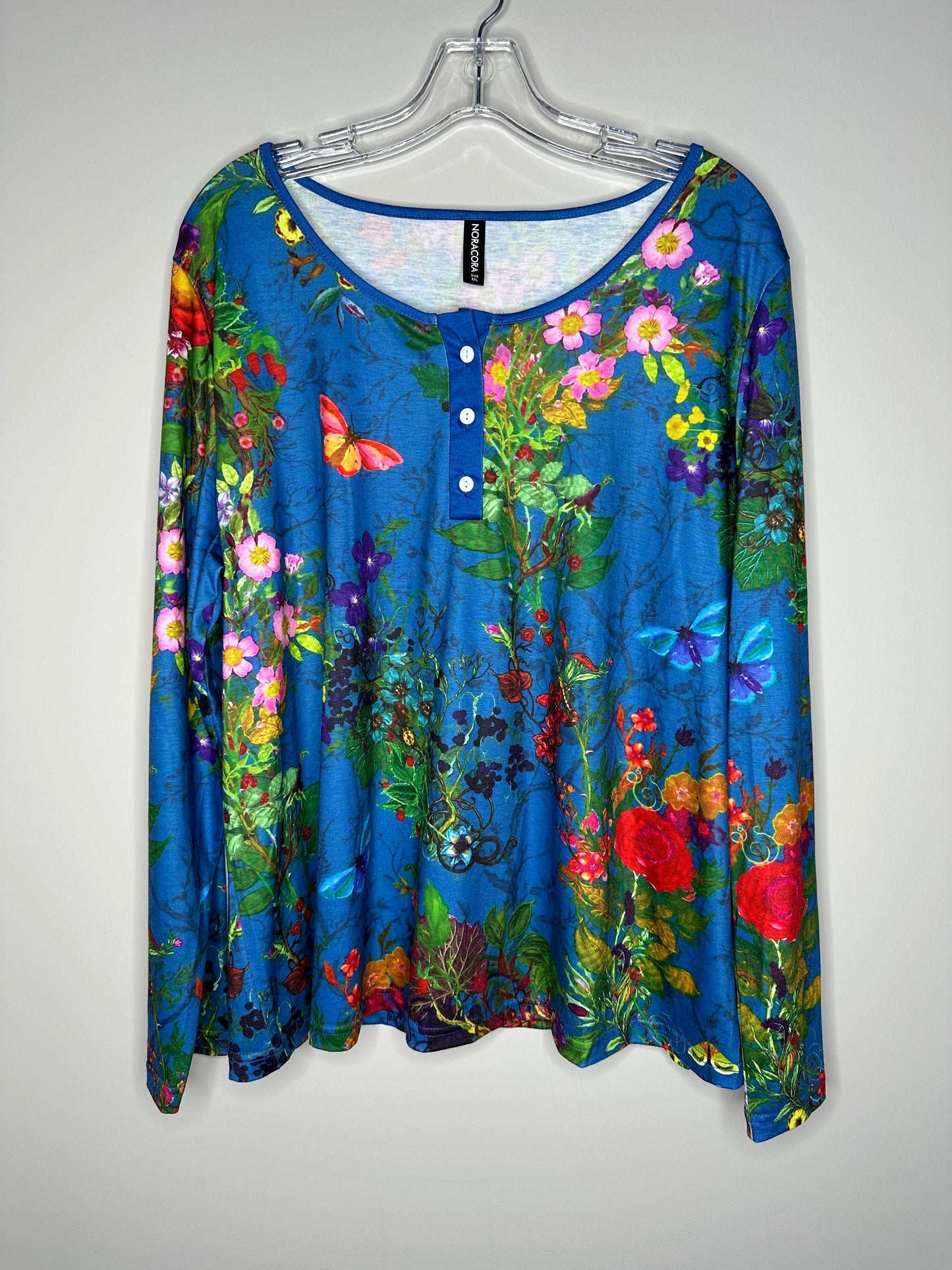 Noracora Size XXL (16) Blue w/Flowers & Butterflies Long Sleeve Top, new/NWOT