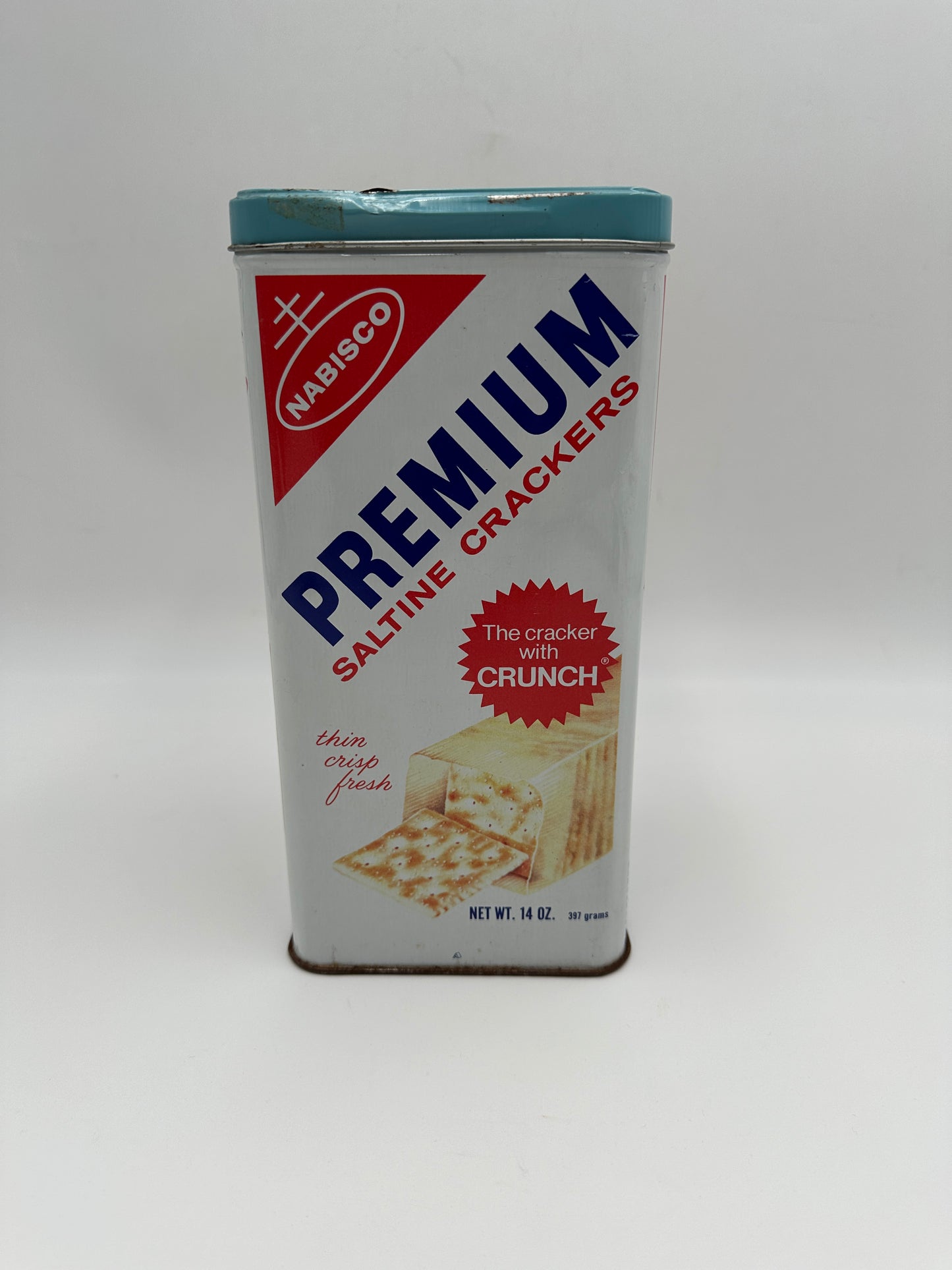 Nabisco Premium Vintage Saltine Cracker Tin Canister with Blue Metal Lid