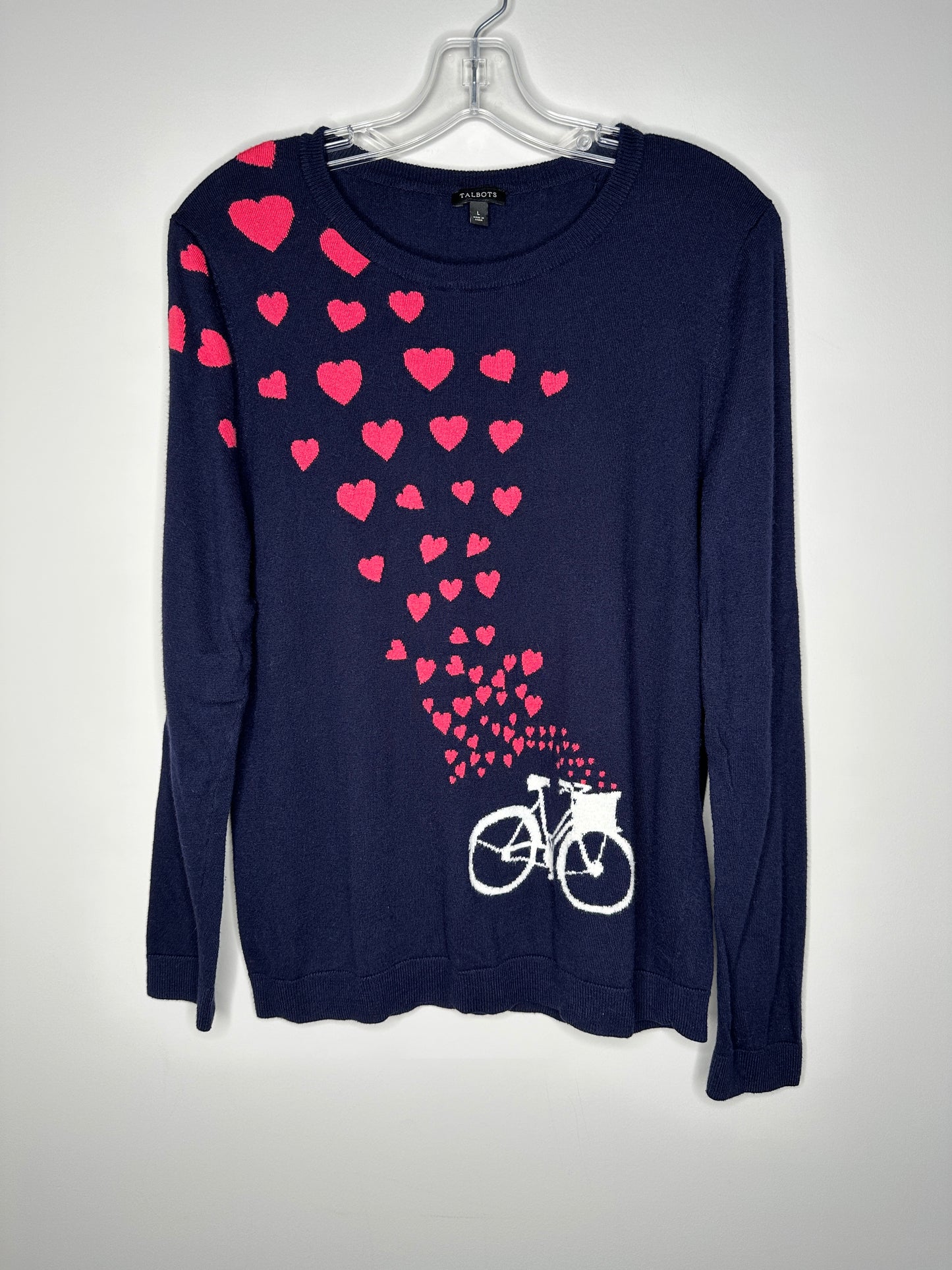 Talbots Size L Navy Bicycle with Hearts Crew Neck Sweater