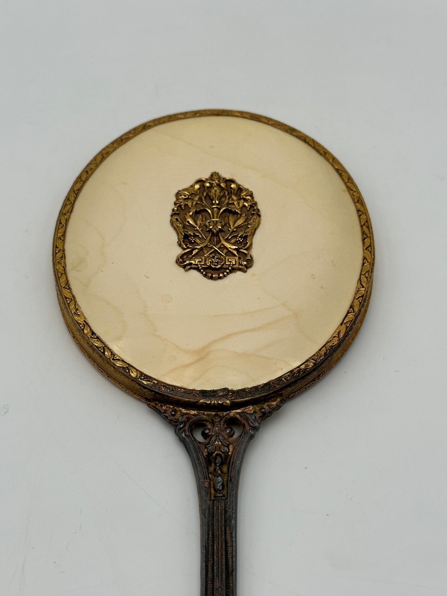 Brass Tone Vintage Hand-Held Beveled Edge Oval Vanity Mirror