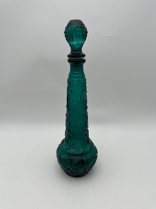 Teal Turquoise Vintage Floral Embossed Glass Decanter with Stopper