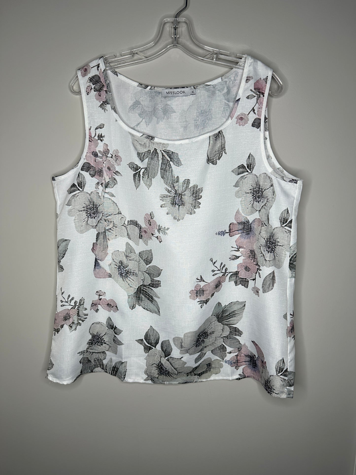 Misslook Size XL White w/Gray & Lavender Floral Sleeveless Top, new/NWOT
