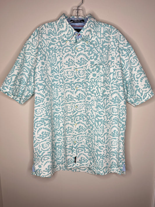 Tommy Hilfiger Men's Size L Teal & Cream Patterned Short Sleeve Button Up Shirt