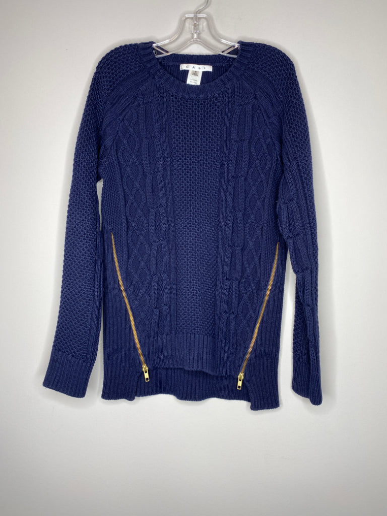 CAbi Size S Navy Blue Cable Knit Sweater w/Gold Tone Zippers, Style #899