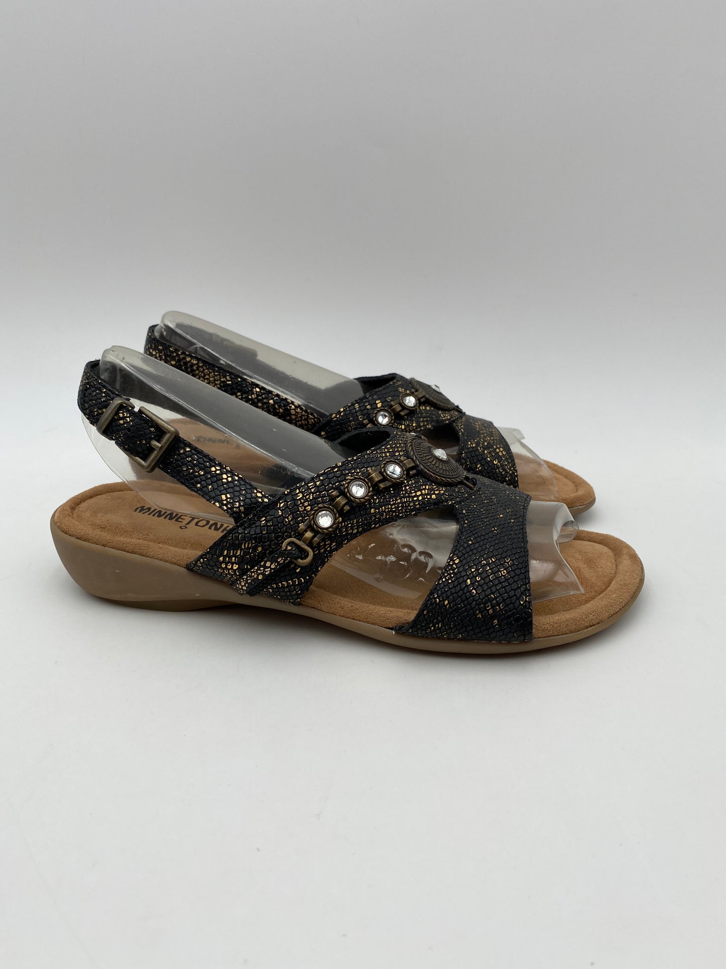 Minnetonka Size 7W Black w/Gold Selene Embellished Slingback Sandals