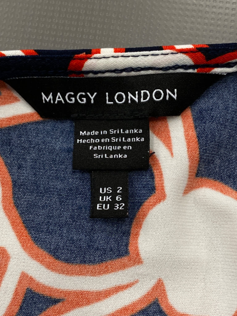Maggie London Size 2 Navy Blue w/Red White Short Sleeve Wrap Dress, EUC