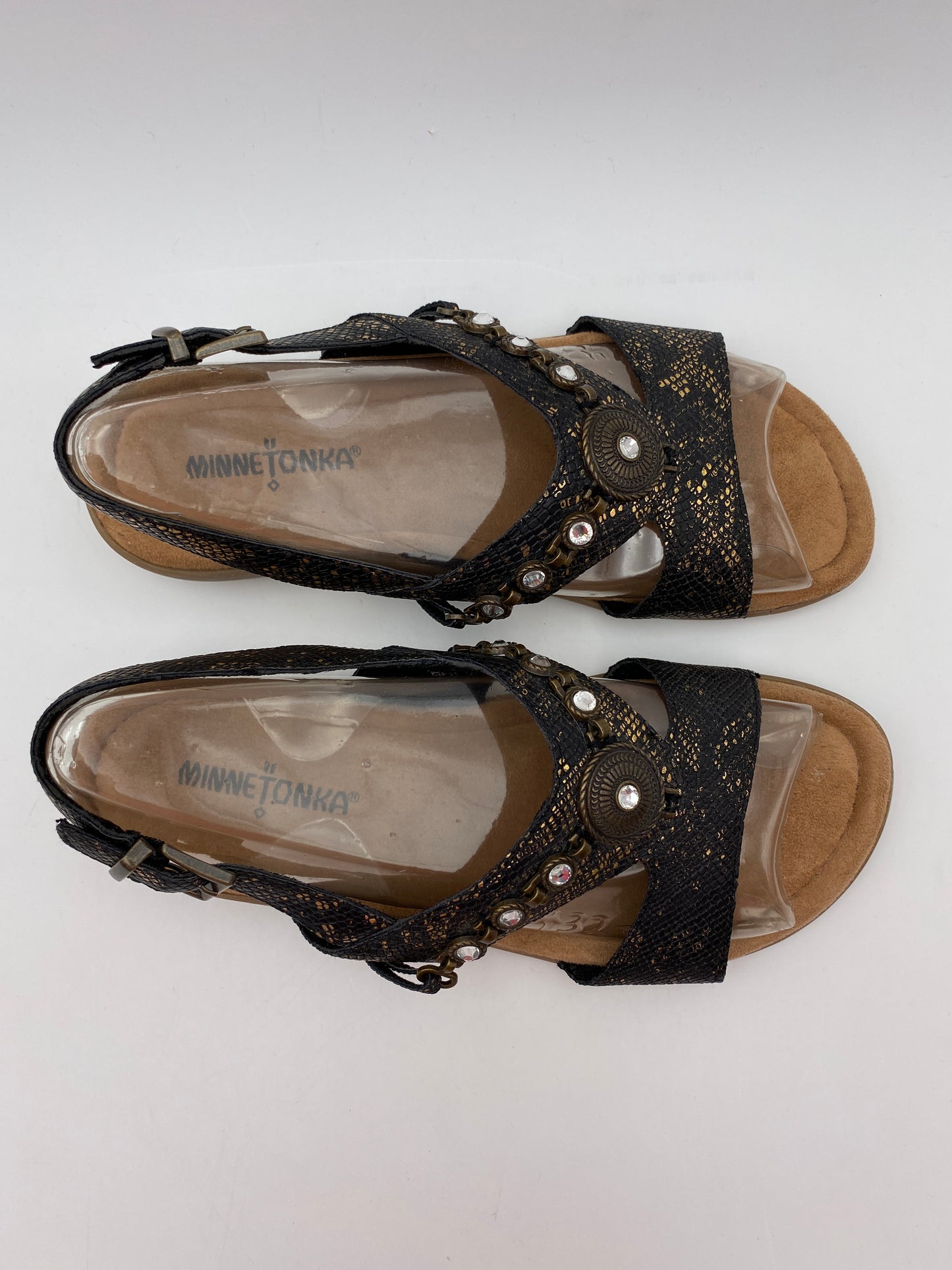 Minnetonka Size 7W Black w/Gold Selene Embellished Slingback Sandals