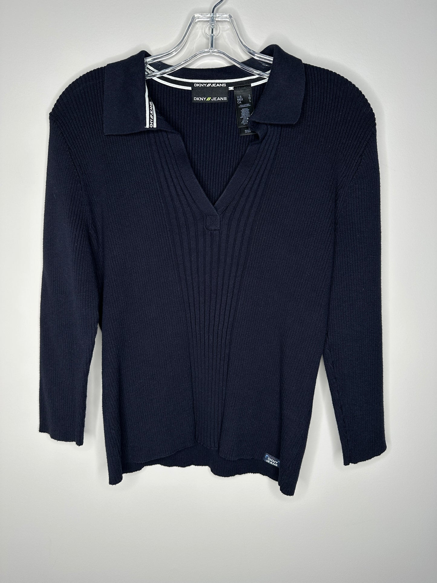 DKNY Jeans Size L Navy Blue Rib Knit 3/4 Sleeve Sweater