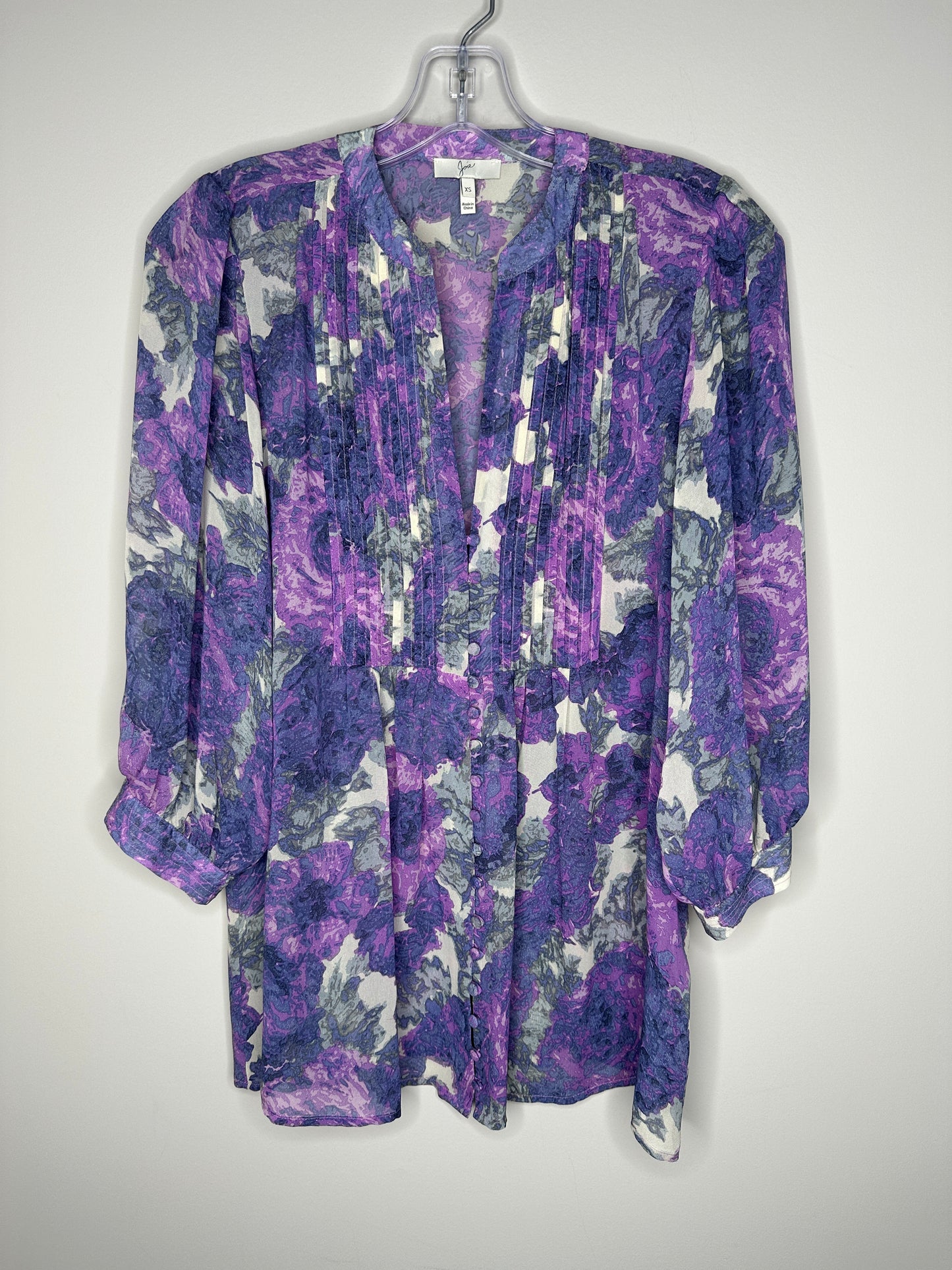 Joie Size XS Purple & Gray Floral 3/4 Sleeve Silk Blouse, EUC (runs large - please see meas.)