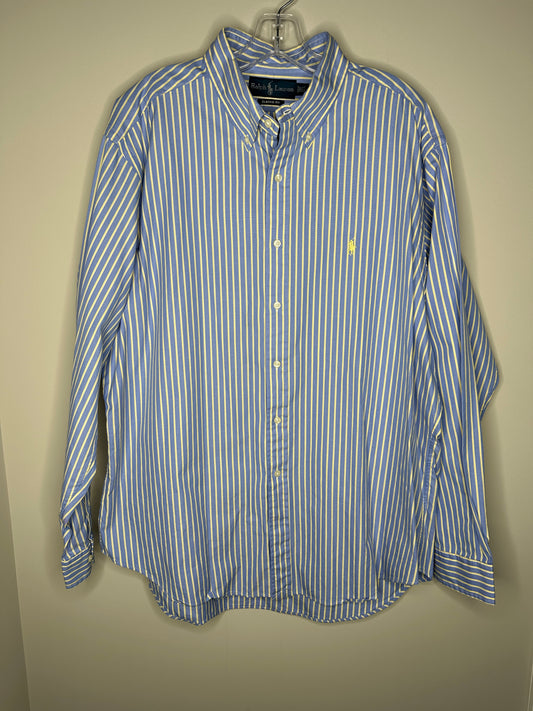 Ralph Lauren Men's Size 17.5 34/35 Light Blue w/Yellow Striped Button Down Shirt, EUC