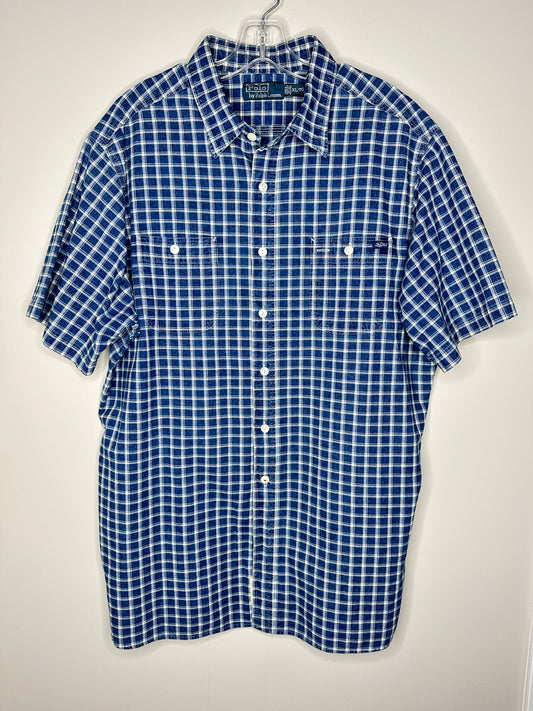 Polo by Ralph Lauren Men's Size XL Blue & Off White Plaid Short Sleeve Button Down Shirt